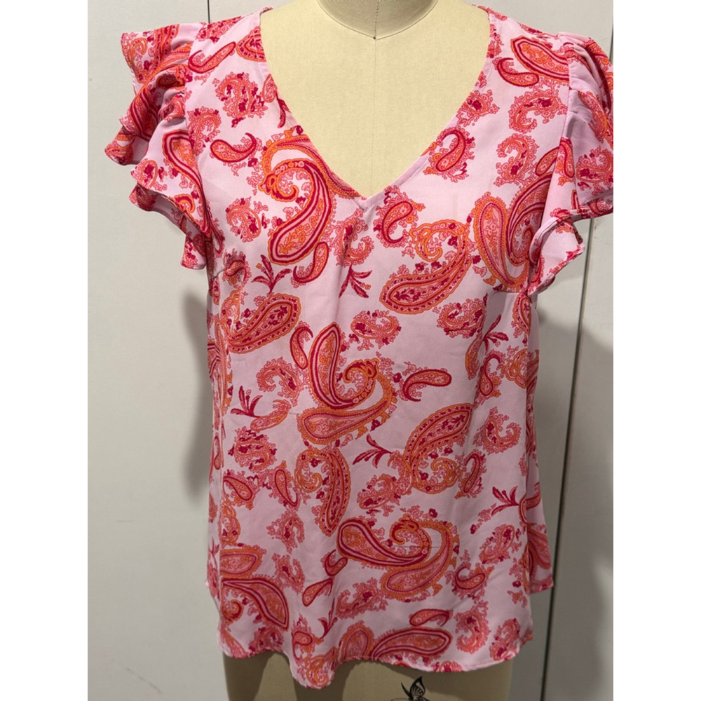 Women's CHAUS Pink Orange Paisley Ruffle Sleeve v-neck Blouse S